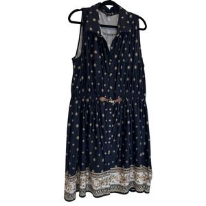 Always Indigo Dress Womens 2X Shirt Dress Navy Blue Medallion Button-Down Boho